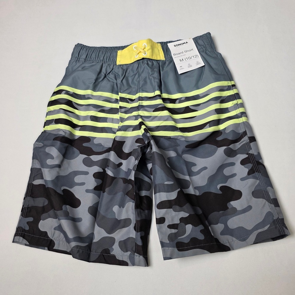 Sonoma Board Shorts Boys M 10/12 Gray‎ Camo Neon Yellow Striped Swim Trunks